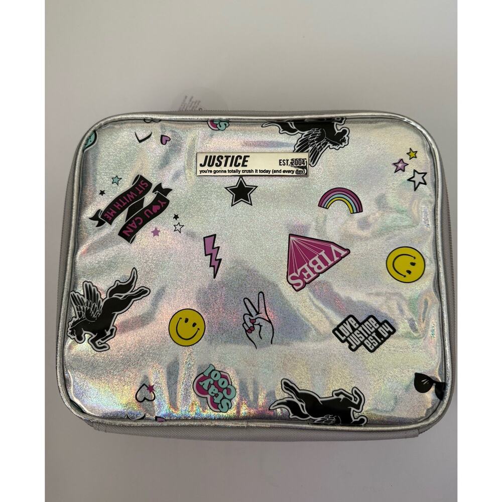 Justice Silver Holographic Vibes Insulated Handle Lunch Bag Lunch Tote Lunch Box